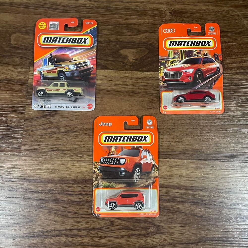 Matchbox Cars LOT OF 3 2017 Toyota Landcruiser 78 Audi E Tron 2019 Jeep Renegade